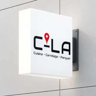 C-LA custom light box with logo on tiled wall