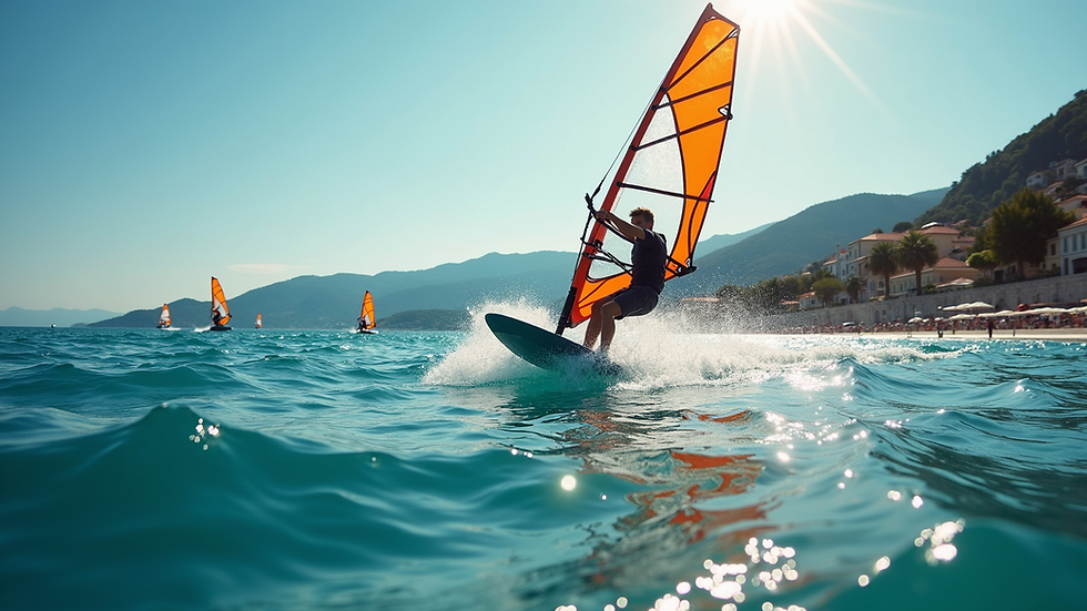 Eye-level view of a vibrant windsurfing scene in Makarska