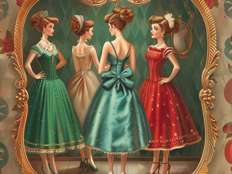 A stylized illustration of four women in elaborate vintage gowns of different colors, standing side by side within an ornate gold mirror frame, each facing a different direction.