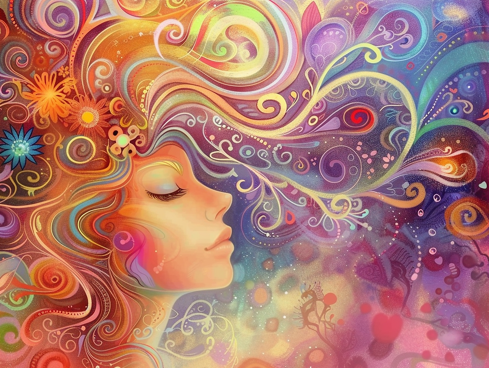 A peaceful woman’s profile is surrounded by vivid rainbow-colored swirls, flowers, hearts, and abstract patterns that look like flowing thoughts or imagination.