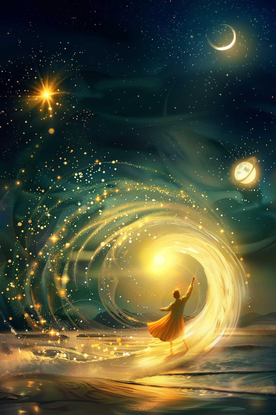 A figure in an orange dress dances inside a glowing golden swirl of light beneath a star-filled night sky with a crescent moon, planets, and sparkling trails.
