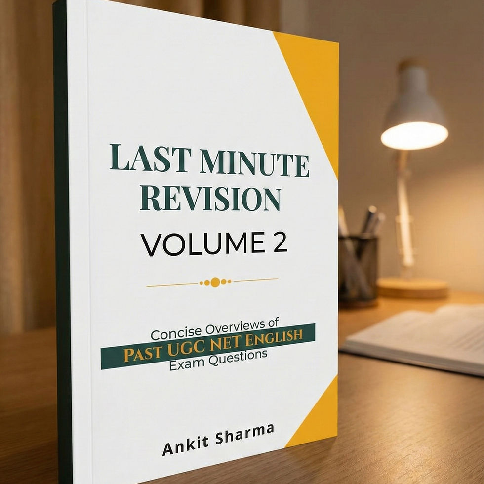 Book titled "Last Minute Revision Volume 2" by Ankit Sharma on a desk with a lamp, highlighting UGC NET English exams. Warm, academic setting.