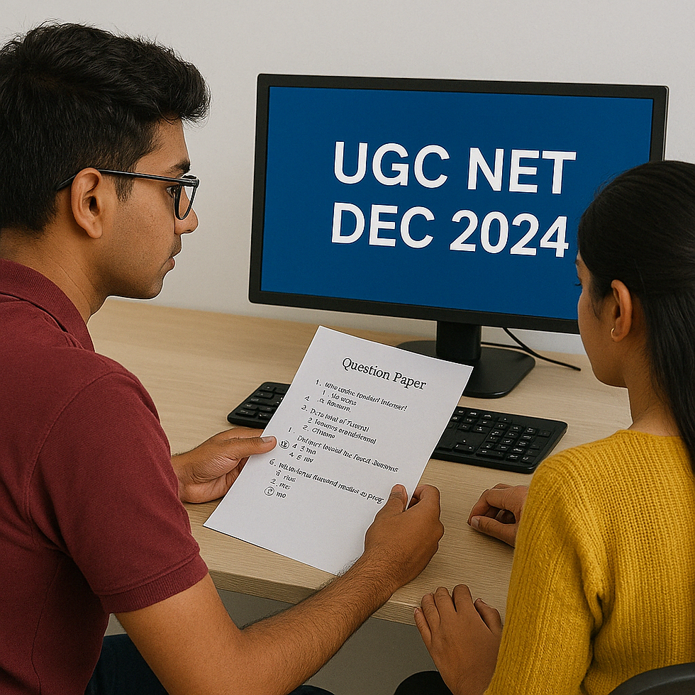 Two people discuss a question paper. A monitor displays "UGC NET DEC 2024." Setting is a study area with a desk and keyboard.