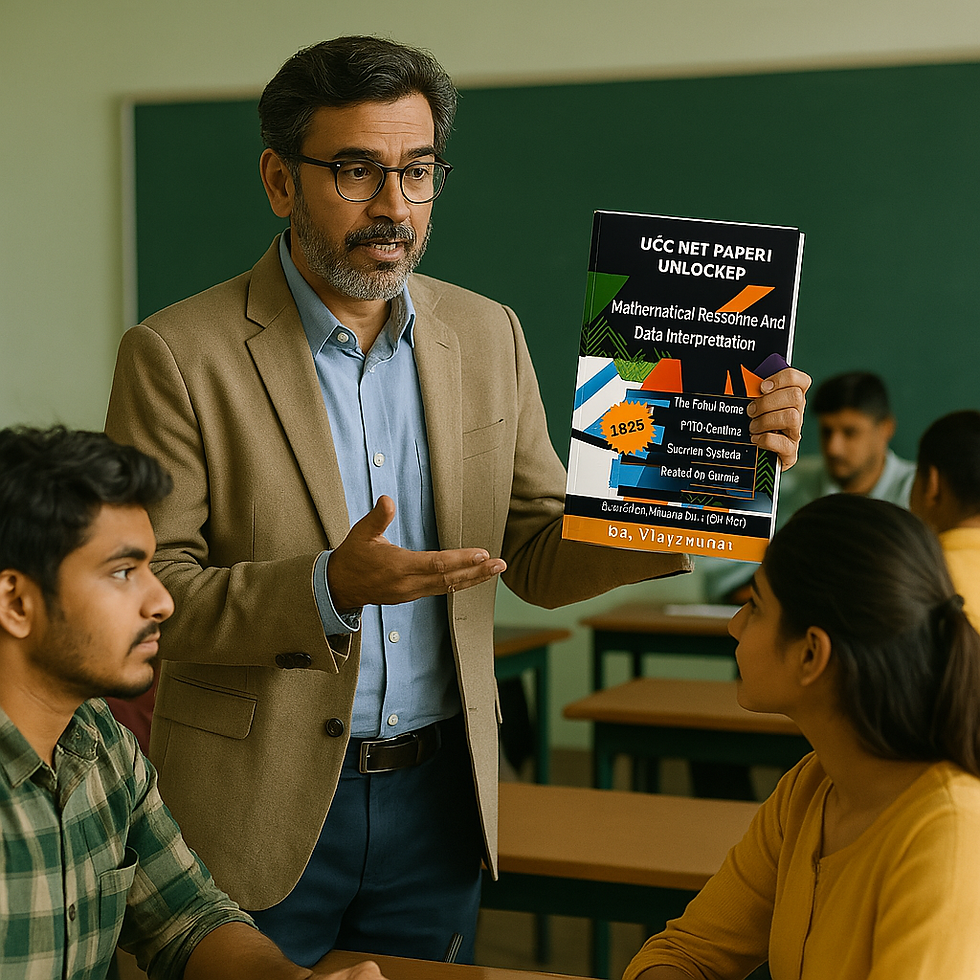 Thumbnail: Indian professor with glasses teaching college students while holding UGC NET Mathematical Reasoning book