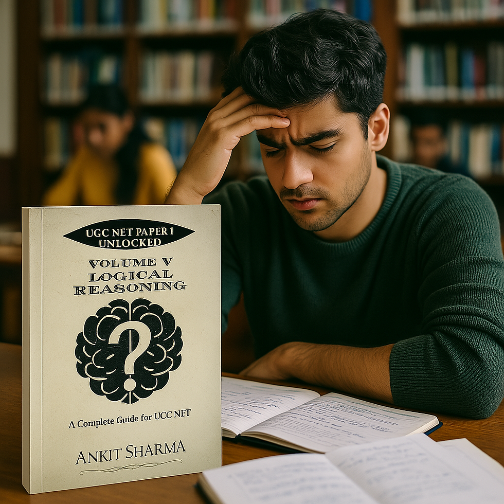 Thumbnail: Indian student deep in thought with UGC NET Logical Reasoning book open on table surrounded by notes