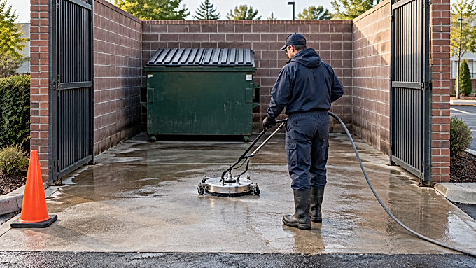 AI-generated service illustration of concrete dumpster pad cleaning inside a commercial enclosure