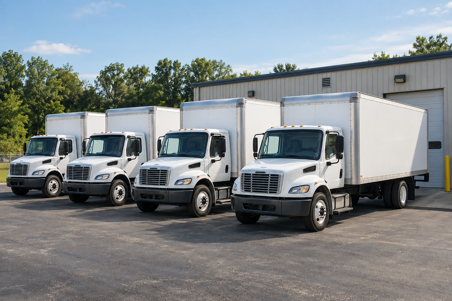 Unbranded work trucks on a commercial paved depot; AI-generated service-context illustration