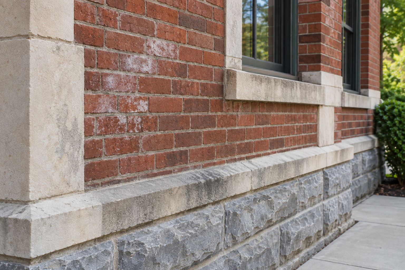 Close view of brick and natural stone with subtle mineral deposits; AI-generated illustration