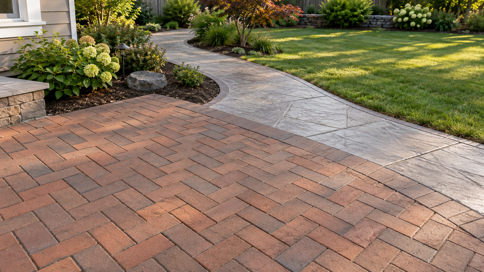 Brick paver patio and textured stamped-concrete path; AI-generated surface illustration