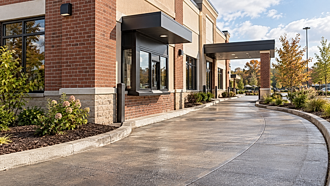 AI-generated service illustration of a restaurant exterior and clean concrete drive-through lane