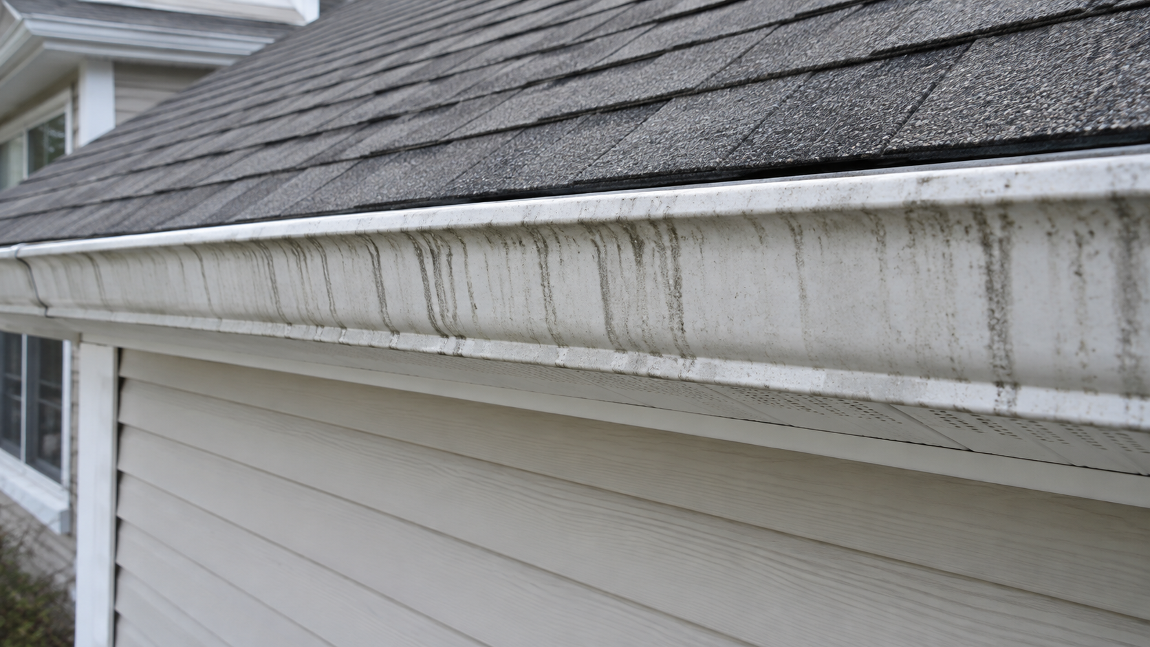 Light vinyl siding beneath a weathered gutter; AI-generated exterior-surface illustration