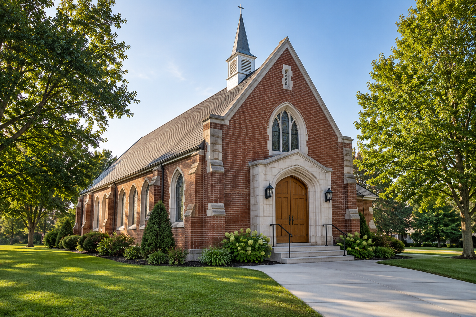 Small brick and stone church exterior with a welcoming entrance; AI-generated illustration