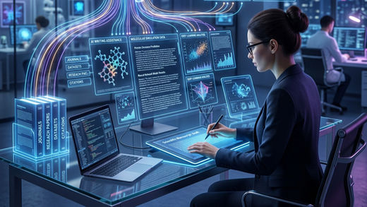 Ferramentas de inteligência artificial na escrita de pesquisas. Foto: IA.
