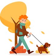 A drawing of a man walking a dog