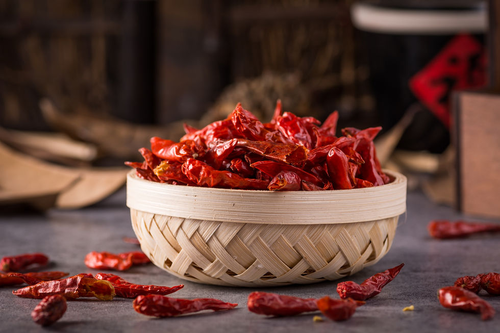 Dried red chilies in a woven bowl at a Penang restaurant.