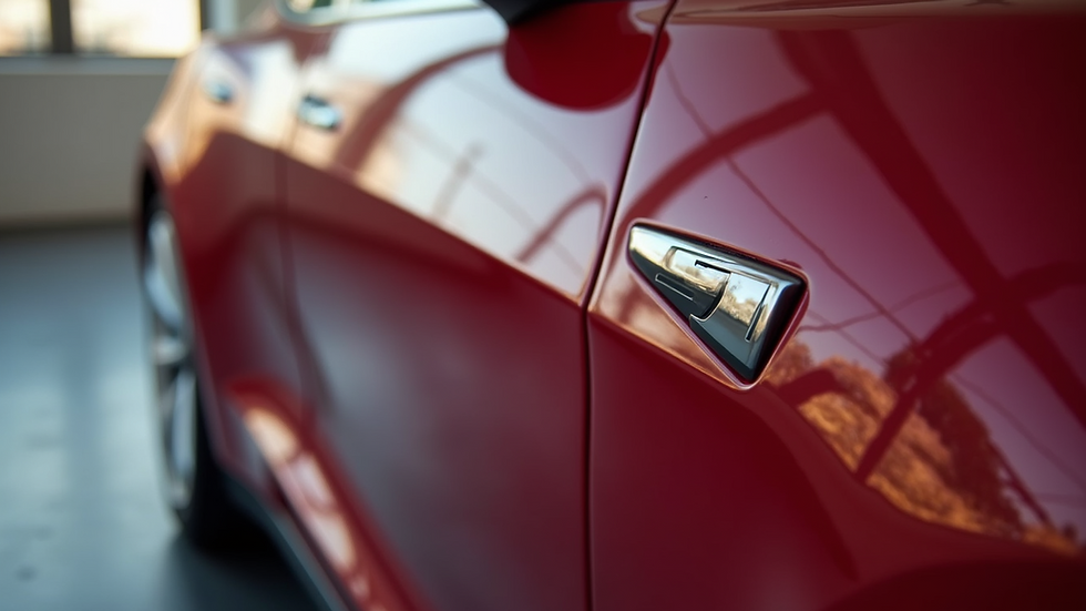 Close-up view of a shiny Tesla featuring its original paint color