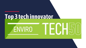 A green banner on a navy and white background. Text reads "Top 3 tech innovator Envirotech 50".