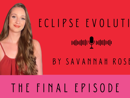 Woman in red top beside podcast title ECLIPSE EVOLUTION, microphone icon, and THE FINAL EPISODE on red and pink background.