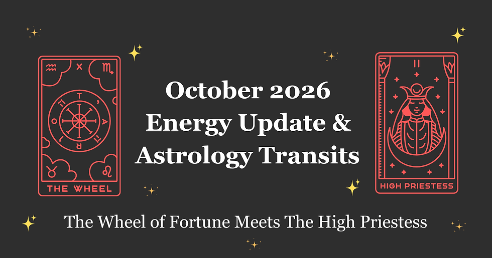 Dark astrology graphic with tarot cards The Wheel and High Priestess, reading October 2026 Energy Update & Astrology Transits.