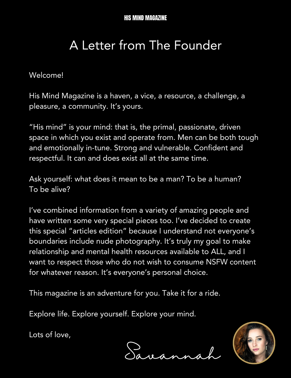Letter from the Founder from Vol 1: Articles Edition