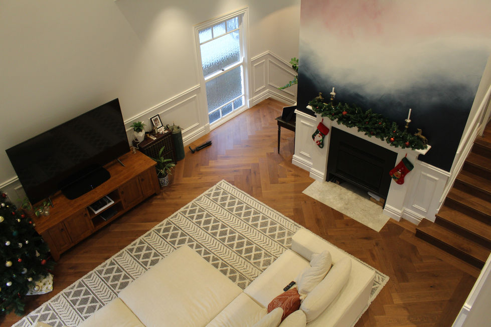 View down to the living room (at Christmas)