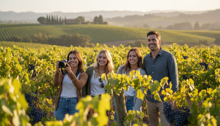 Close-up view of travelers enjoying a vineyard view in Napa Valley