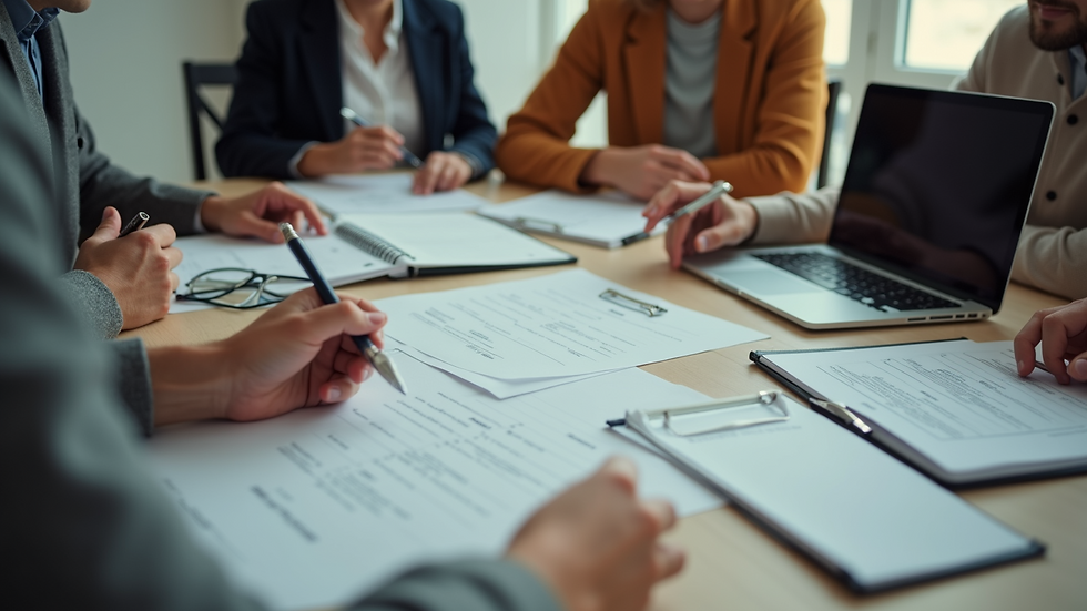 High angle view of a family council meeting with documents and laptops