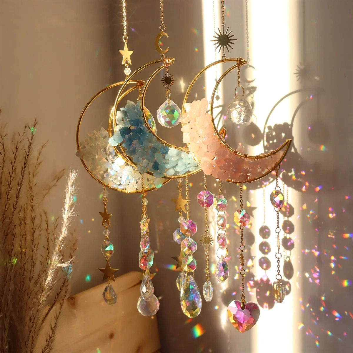 Atrapasoles de Luna con Cristales – Decoración Colgante Prisma para Hogar