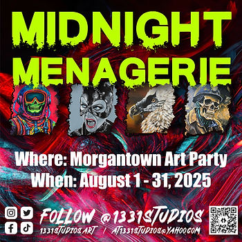 Midnight Menagerie solo exhibition promotional banner at Morgantown Art Party