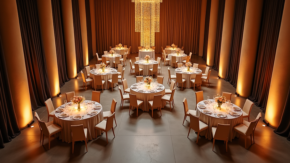 High angle view of an elegant event venue setup with tables and chairs