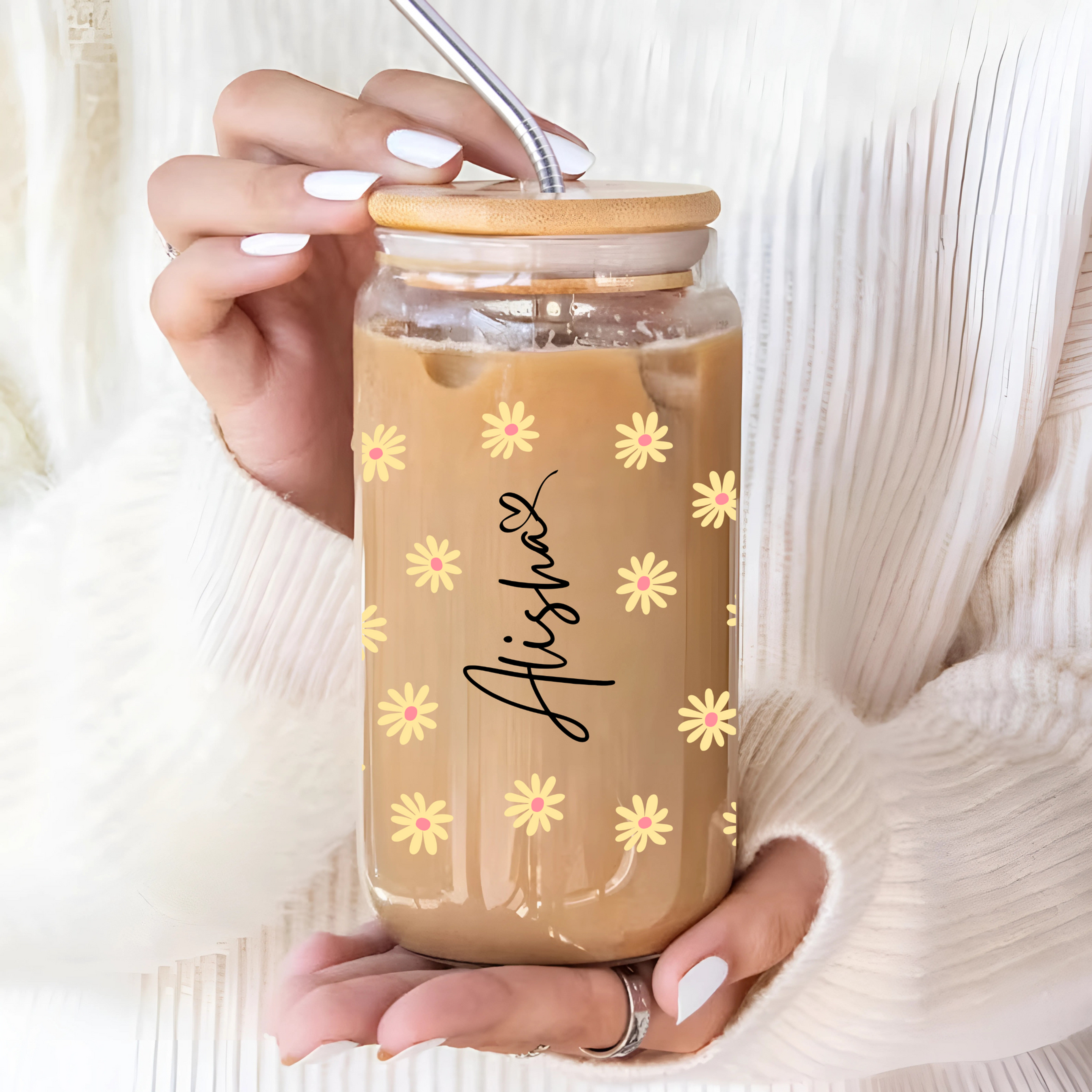 Daisies with Name Glass Can
