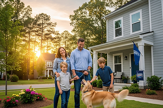 Family with dog outside home at sunset symbolizing Brickstone’s personalized and hands-on property service