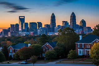 Charlotte skyline from neighborhood symbolizing Brickstone’s tech-driven transparency and owner control