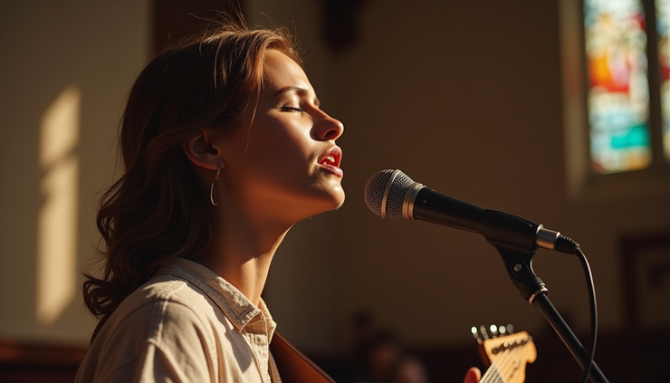 Close-up view of a worship leader playing guitar with eyes closed in a church setting