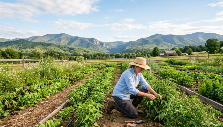Wide-angle view of a person tending a garden beneath a bright open sky.