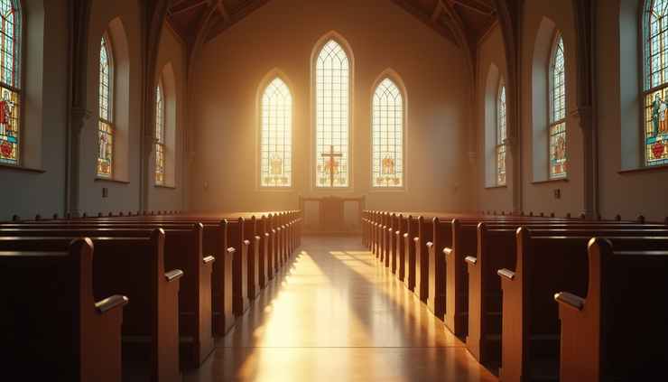 Eye-level view of a church sanctuary with empty pews and soft sunlight streaming through stained glass windows