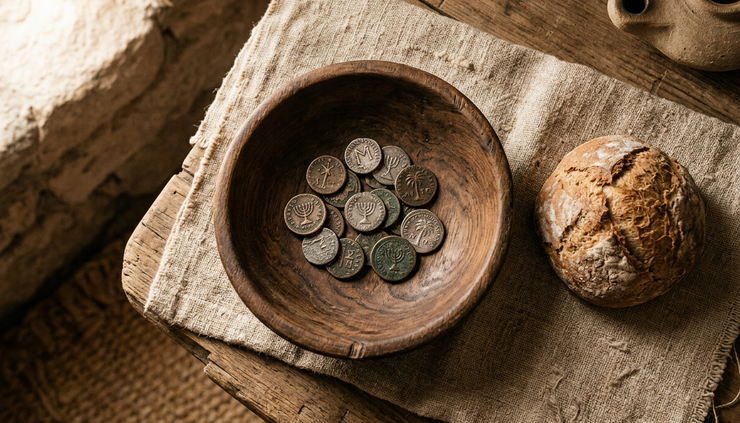 Overhead view of a simple wooden bowl with coins and a small loaf of bread