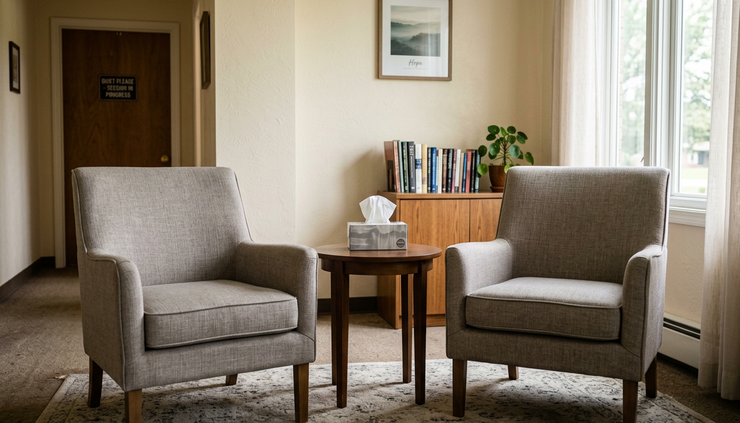 Eye-level view of two empty chairs beside a small table with a tissue box.