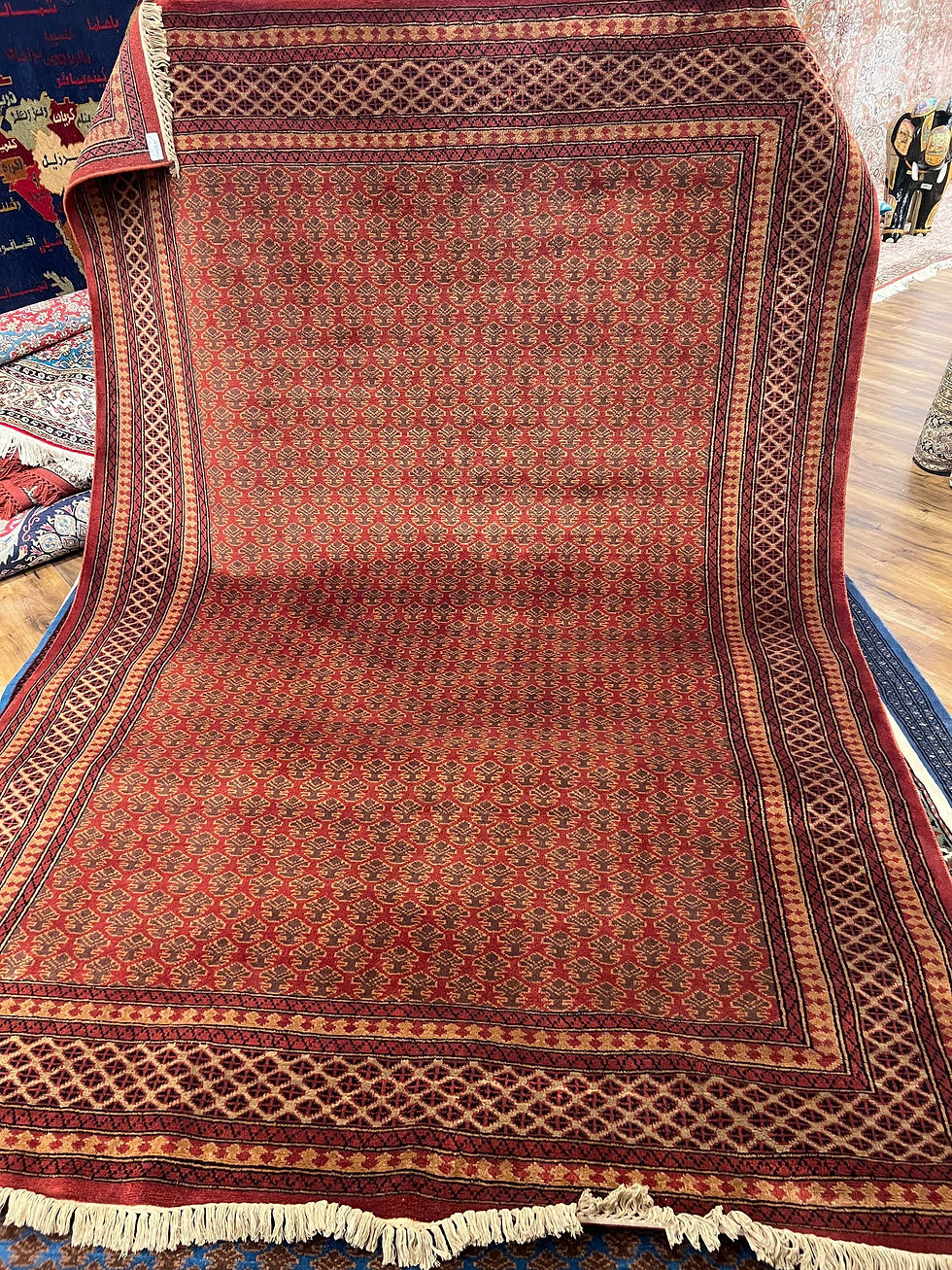 2 metre by 3 metre wool and silk carpet in rich red and dark blue tone 300 knots per square inch