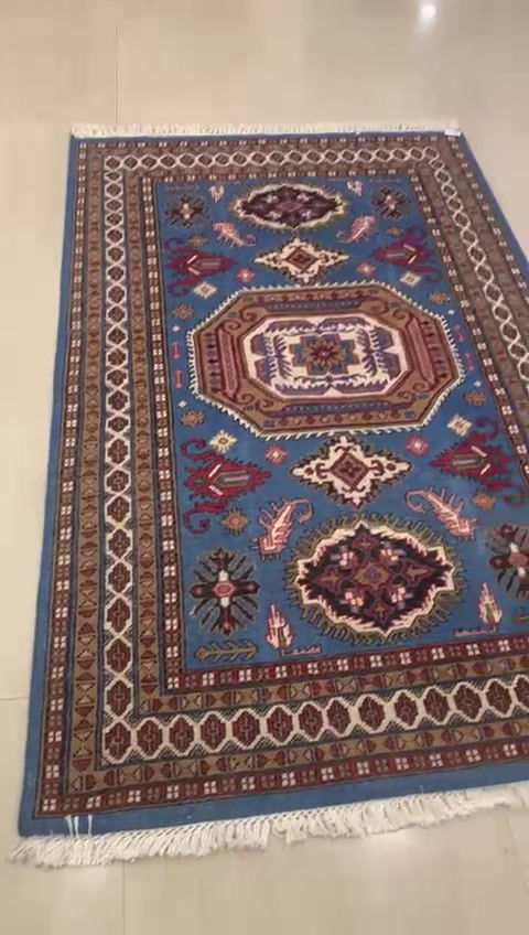 Thumbnail: Wool silk blend carpet Red and blue geometric pattern