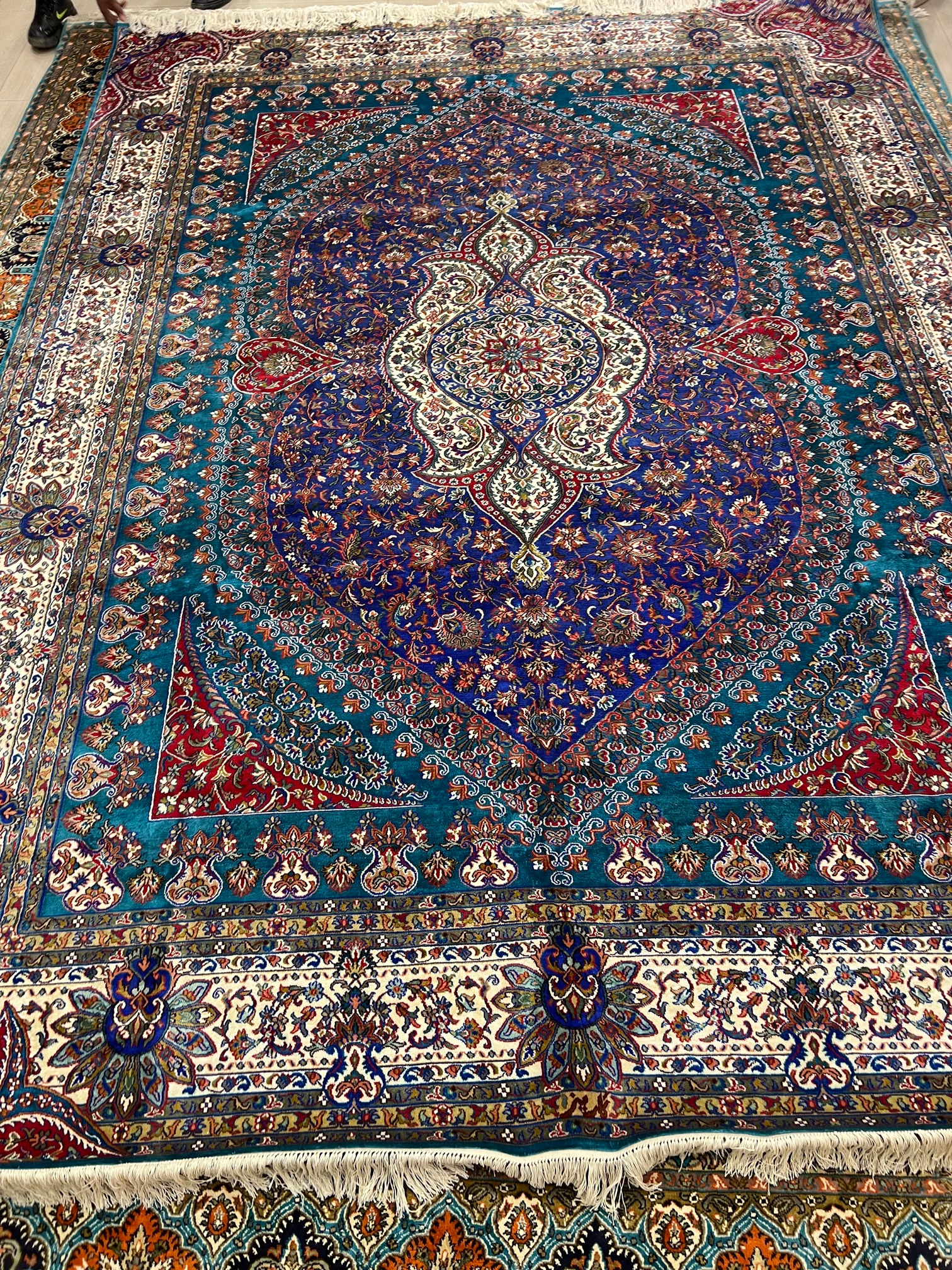 2 metre by 3 metre pure silk carpet with red tones 700 knots per square inch