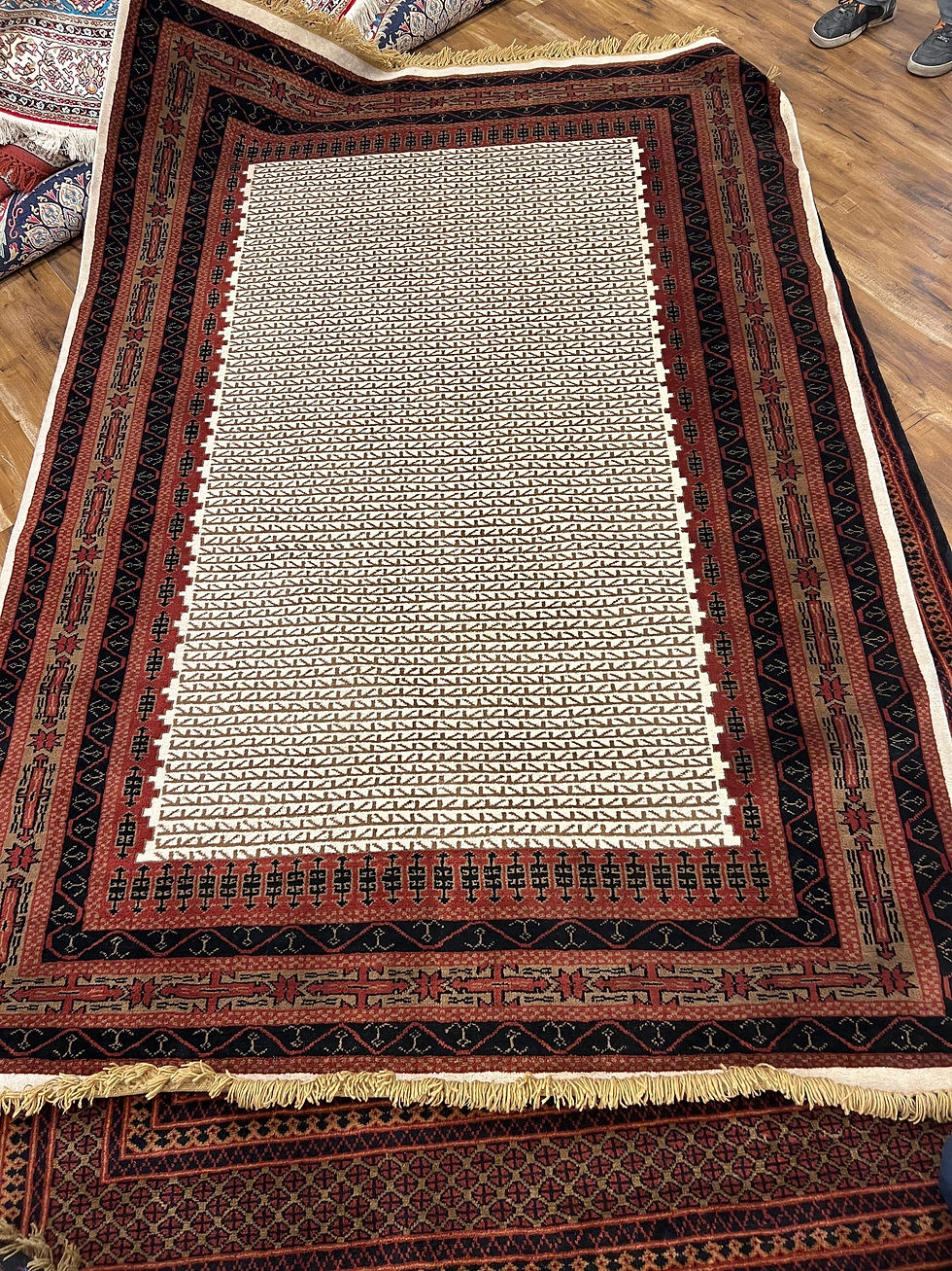 2 metre by 3 metre wool and silk modern rug  in red and cream tones 300 knots per square inch