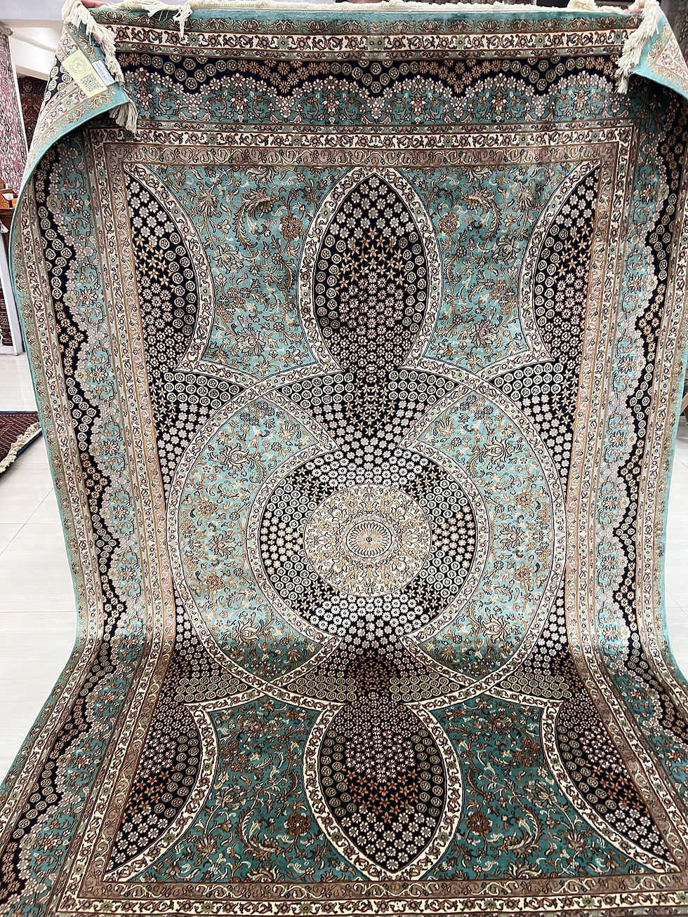 2 metre by 3 metre traditional Persian pattern silk on silk war carpet 700 knots per square inch