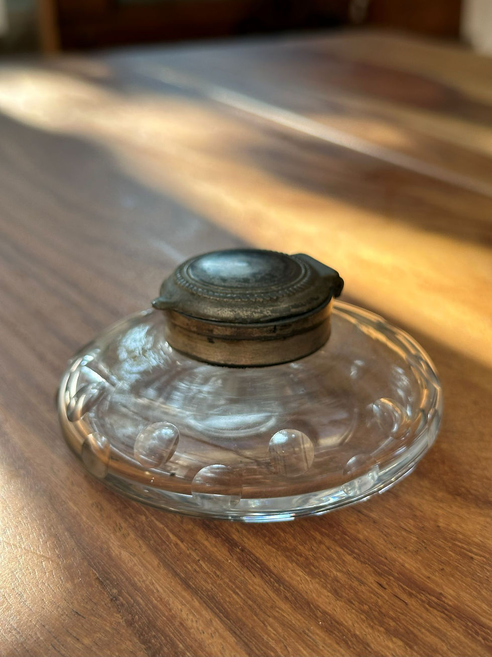 Miniature : ancien encrier vintage verre et métal la brocantoise