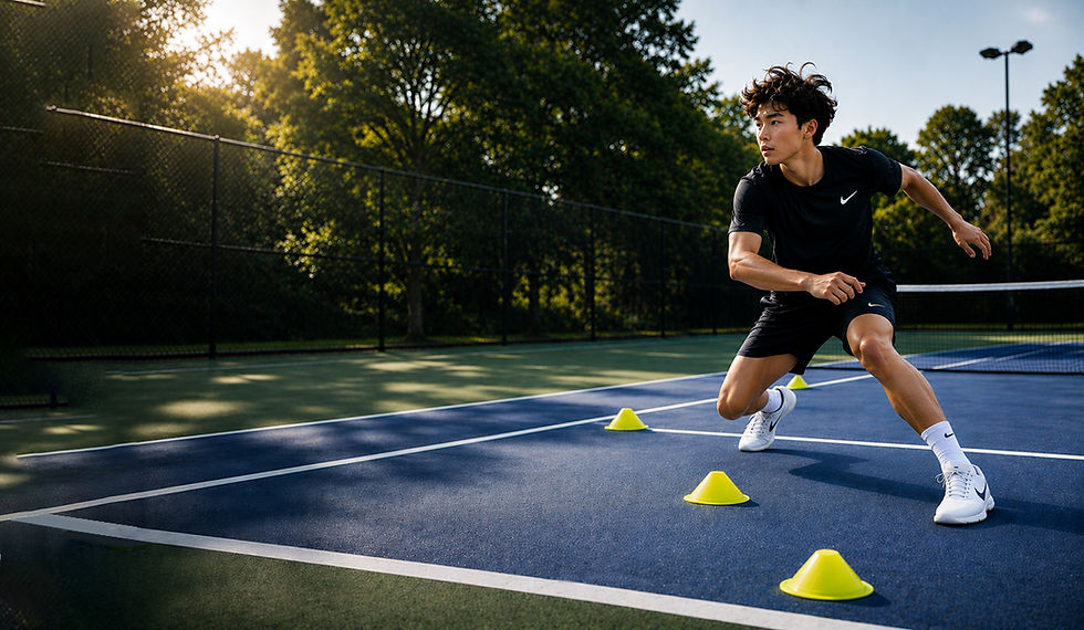 Young athlete on tennis court performing agility exercises