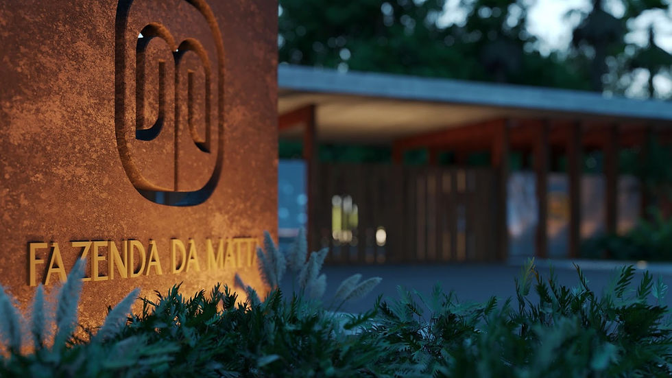 Portão de entrada da Fazenda da Mata, onde a arquitetura contemporânea se integra com a exuberância do paisagismo nativo. Um refúgio exclusivo que abriga experiências únicas como o haras de padrão internacional e uma vinícola boutique cercada por natureza e sofisticação.
