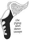 Flying Irish Dance Troupe's trademarked logo of winged ghillie with " The Flying Irish Dance Troupe" written in a Celitc font under the wing