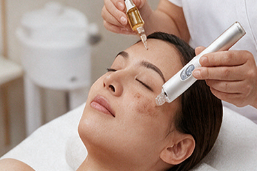 Woman receiving a facial care microneedling treatment