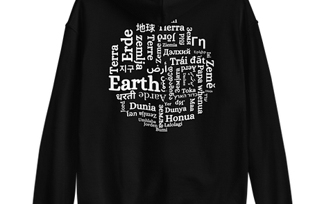 Hoodie with a circle made from words for earth in numerous languages