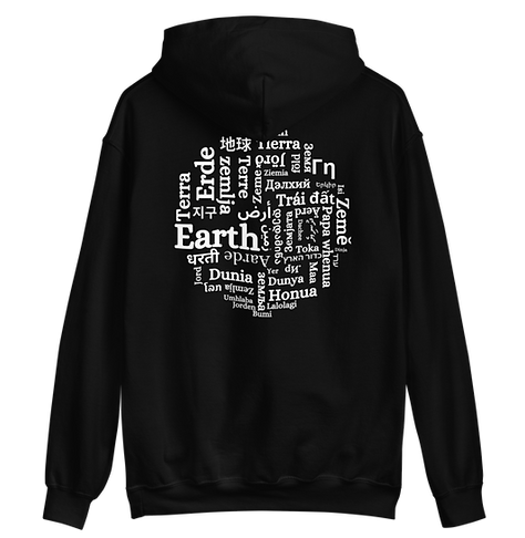 Hoodie with a circle made from words for earth in numerous languages